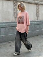 Женская Объемная Розовая Футболка Варенка Оверсайз с Принтом