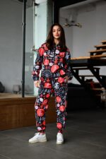 Женский Черный Спортивный Костюм Плащевка в Принт (Анорак + Джоггеры)