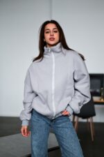 Женская Теплая Серая Кофта на Флисе - Бомбер Оверсайз на Молнии