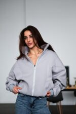 Женская Теплая Серая Кофта на Флисе - Бомбер Оверсайз на Молнии