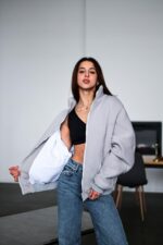 Женская Теплая Серая Кофта на Флисе - Бомбер Оверсайз на Молнии