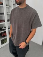 Мужская Объемная Темно-Серая Вареная Футболка Оверсайз с Надписью на Спине