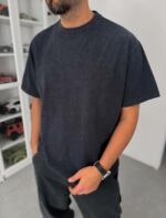 Мужская Объемная Графитовая Вареная Футболка Оверсайз с Надписью на Спине