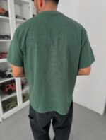 Мужская Объемная Зеленая Вареная Футболка Оверсайз с Надписью на Спине