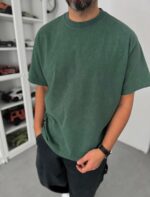 Мужская Объемная Зеленая Вареная Футболка Оверсайз с Надписью на Спине