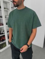 Мужская Объемная Зеленая Вареная Футболка Оверсайз с Надписью на Спине