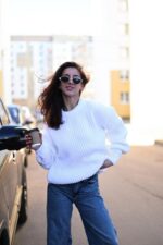 Женский Теплый Вязаный Белый Свитер Оверсайз