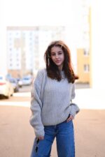 Женский Теплый Вязаный Серый Свитер Оверсайз