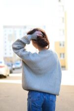 Женский Теплый Вязаный Серый Свитер Оверсайз