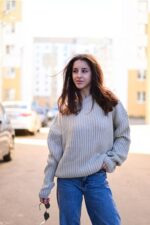 Женский Теплый Вязаный Серый Свитер Оверсайз