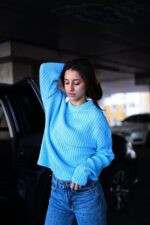 Женский Теплый Вязаный Голубой Свитер Оверсайз