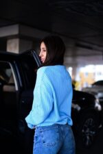 Женский Теплый Вязаный Голубой Свитер Оверсайз