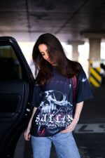 Женская Объемная Черная Футболка Оверсайз Принт Череп