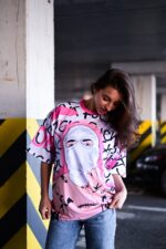 Женская Объемная Графитовая Футболка Оверсайз с Принтом Заяц