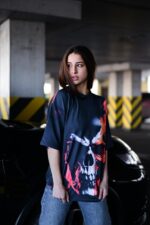 Женская Объемная Черная Футболка Оверсайз с Принтом Череп