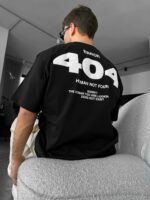 Мужская Объемная Хлопковая Черная Футболка "404" Оверсайз с Принтом на Спине
