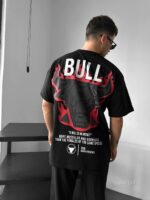 Мужская Объемная Хлопковая Черная Футболка "Bull" Оверсайз с Принтом на Спине