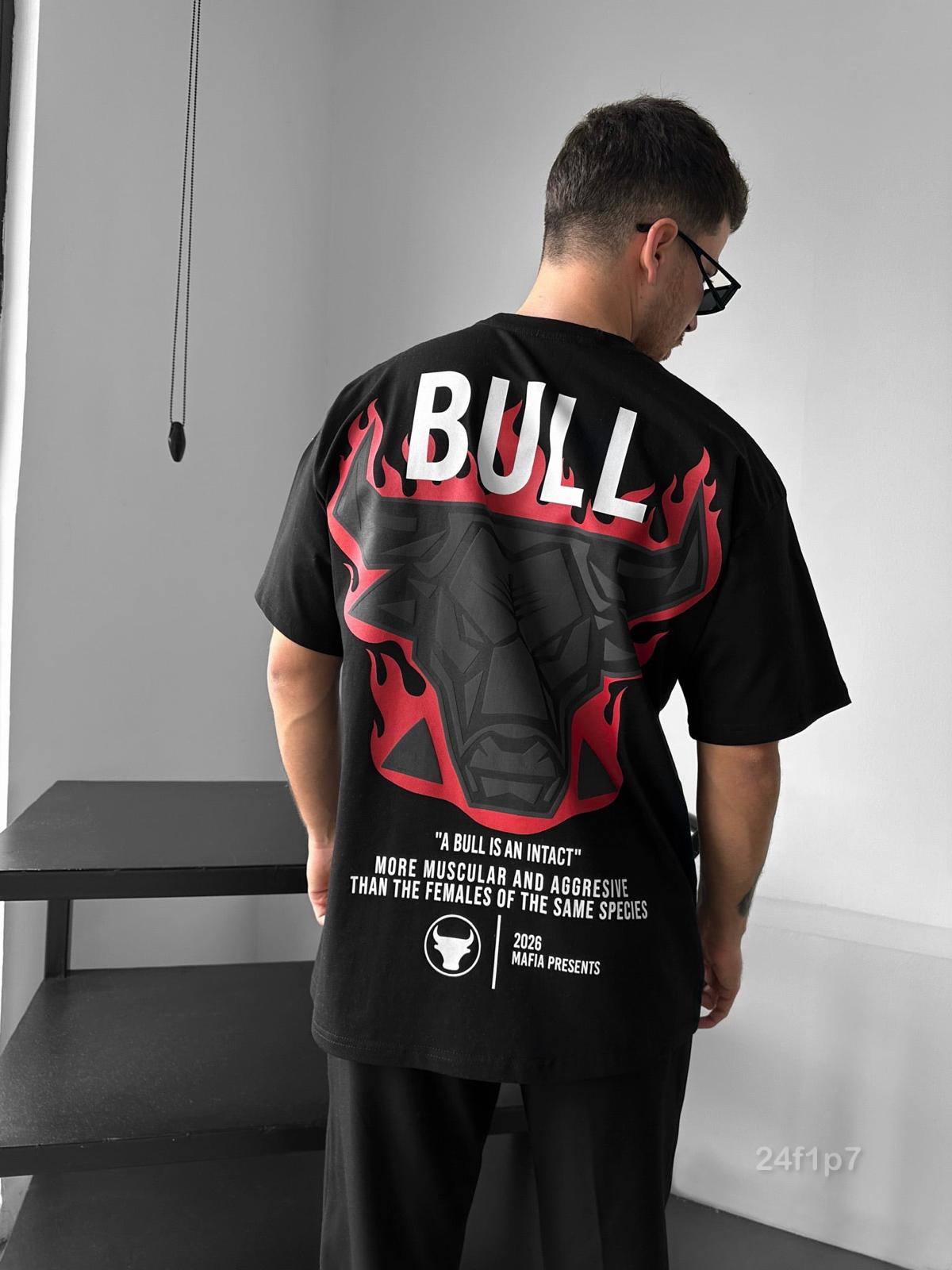 photo_2026-03-19_10-27-19 Мужская Объемная Хлопковая Черная Футболка "Bull" Оверсайз с Принтом на Спине
