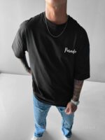 Мужская Объемная Хлопковая Черная Футболка Оверсайз с Принтом Птица на Спине