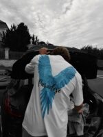 Мужская Объемная Хлопковая Белая Футболка Оверсайз с Принтом Птица на Спине