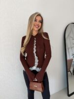 Женский Приталенный Коричневый Кардиган с Кружевом и Высокой Горловиной