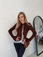 Женский Приталенный Коричневый Кардиган в Рубчик с Кружевом