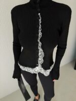 Женский Приталенный Черный Кардиган с Кружевом и Высокой Горловиной