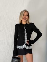 Женский Приталенный Черный Кардиган в Рубчик с Кружевом