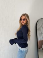 Женский Приталенный Темно-Синий Кардиган в Рубчик с Кружевом