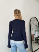 Женский Приталенный Темно-Синий Кардиган в Рубчик с Кружевом