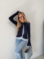 Женский Приталенный Темно-Синий Кардиган в Рубчик с Кружевом