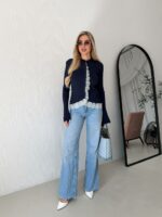 Женский Приталенный Темно-Синий Кардиган в Рубчик с Кружевом