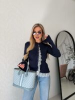Женский Приталенный Темно-Синий Кардиган в Рубчик с Кружевом