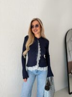 Женский Приталенный Темно-Синий Кардиган в Рубчик с Кружевом