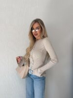 Женский Приталенный Бежевый Кардиган в Рубчик с Кружевом