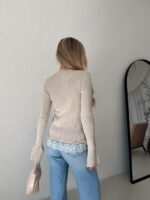 Женский Приталенный Бежевый Кардиган в Рубчик с Кружевом