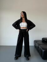 Женский Велюровый Черный Костюм Свободного Кроя - Укороченная Кофта на Молнии + Широкие Штаны