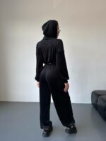 Женский Велюровый Черный Костюм Свободного Кроя - Укороченная Кофта на Молнии + Широкие Штаны