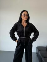 Женский Велюровый Черный Костюм Свободного Кроя - Укороченная Кофта на Молнии + Широкие Штаны