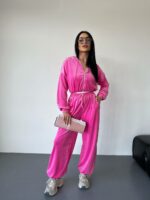 Женский Велюровый Розовый Костюм Свободного Кроя - Укороченная Кофта на Молнии + Широкие Штаны