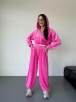 Женский Велюровый Розовый Костюм Свободного Кроя - Укороченная Кофта на Молнии + Широкие Штаны