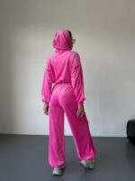 Женский Велюровый Розовый Костюм Свободного Кроя - Укороченная Кофта на Молнии + Широкие Штаны