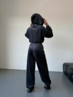 Женский Велюровый Графитовый Костюм Свободного Кроя - Укороченная Кофта на Молнии + Широкие Штаны