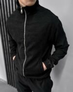 Мужской Вельветовый Черный Костюм на Молнии - Зип Кофта + Штаны с Манжетами