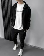 Мужской Вельветовый Черный Костюм на Молнии - Зип Кофта + Штаны с Манжетами