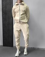 Мужской Вельветовый Светло-Бежевый Костюм на Молнии - Зип Кофта + Штаны с Манжетами