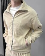 Мужской Вельветовый Светло-Бежевый Костюм на Молнии - Зип Кофта + Штаны с Манжетами