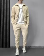 Мужской Вельветовый Светло-Бежевый Костюм на Молнии - Зип Кофта + Штаны с Манжетами