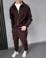 Мужской Вельветовый Коричневый Костюм на Молнии - Зип Кофта + Штаны с Манжетами