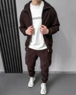 Мужской Вельветовый Коричневый Костюм на Молнии - Зип Кофта + Штаны с Манжетами